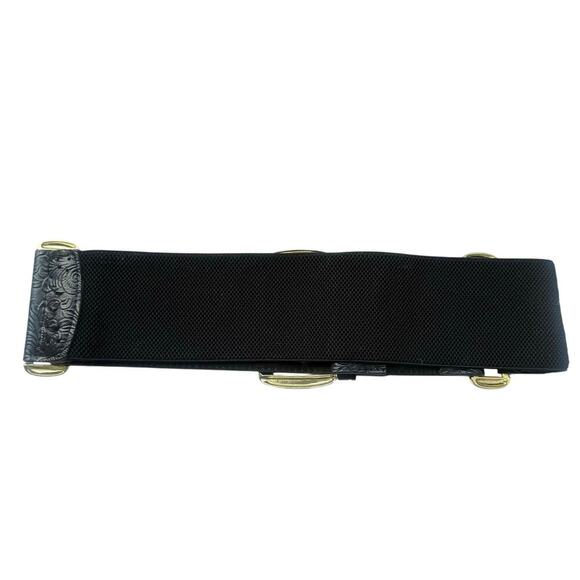 A|Wear Y2K Black Tooled Leather Stretch Waist Belt M/L Gold Buckle Western Boho - Picture 3 of 8